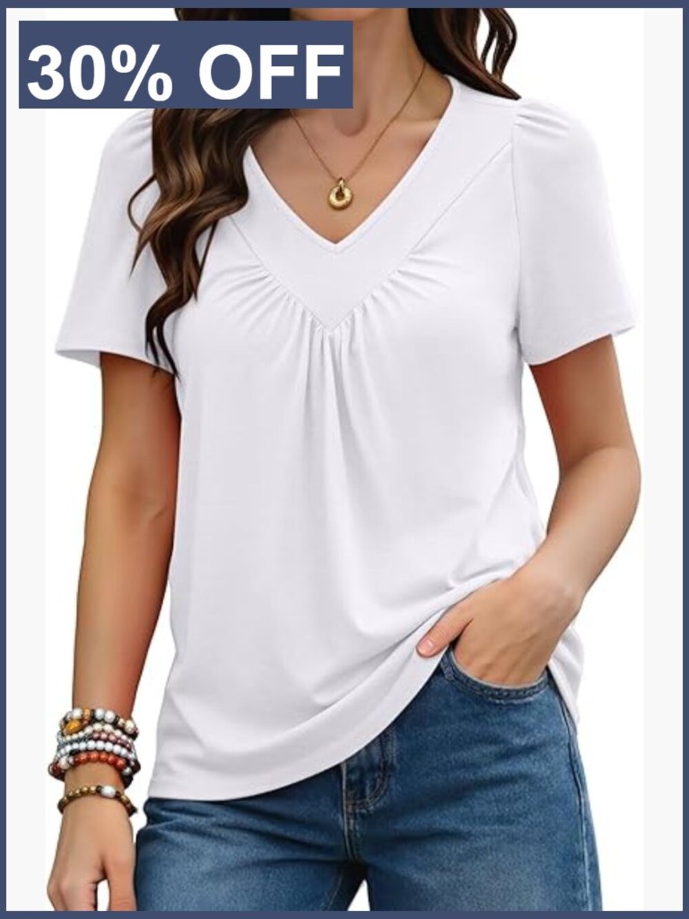 Ruched V Neck Puff Sleeve Tunic Blouse Loose Fit Business Casual Top